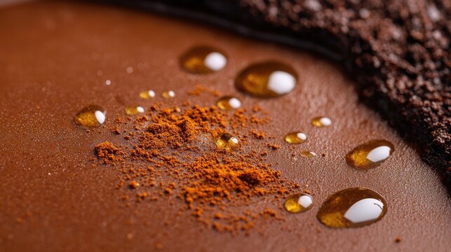 Artisanal mole poblano sauce texture with golden oil droplets and chile spice powder in premium Mexican restaurant kitchen setting