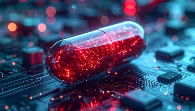 C&aacute;psula roja sobre placa electr&oacute;nica como concepto de medicina digital y biotecnolog&iacute;a
