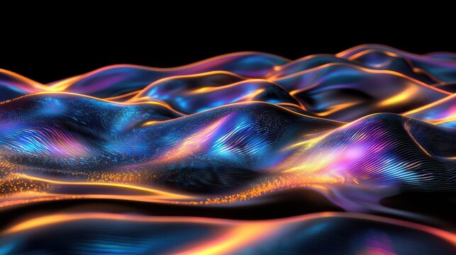 Holographic wave fields create luminous interference patterns with vibrant cyan magenta orange blue hues flowing across dimensional surfaces laser diffraction effects