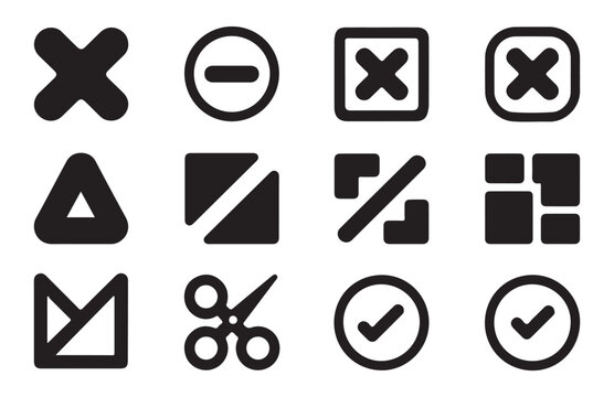 Set of diverse ui and ux design elements including cross minus check and delete icons isolated on transparent.