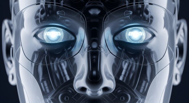 Close up view of a futuristic humanoid robot face with glowing blue electronic eyes and transparent metallic components.