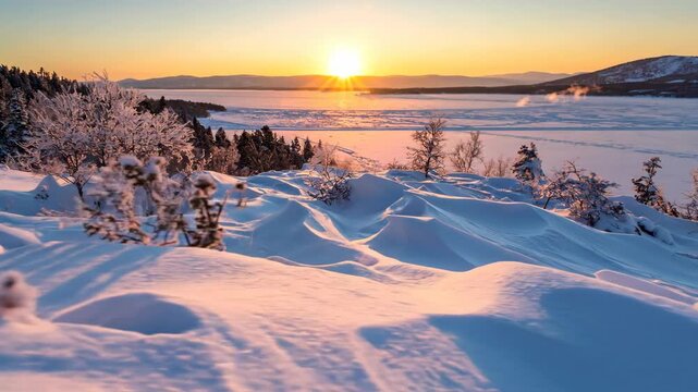 Beautiful Snowy Landscape During Sunset with Frozen Lake and Trees.