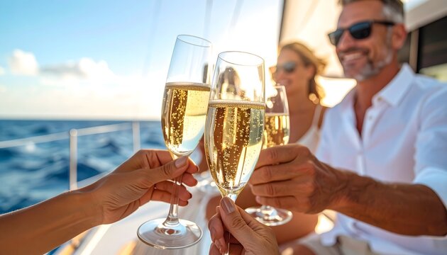 Personas brindando con copas de champ&aacute;n en un yate durante unas vacaciones de lujo