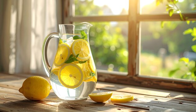 Jarra de limonada fresca con rodajas de lim&oacute;n junto a una ventana soleada