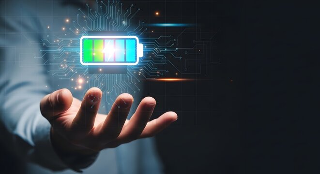 Hand holding a glowing digital battery hologram with circuit lines representing futuristic power technology