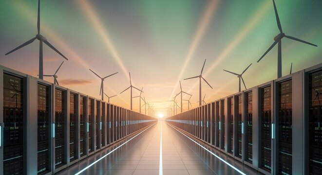 Futuristic data center server racks lined up with wind turbines at sunset symbolizing green cloud computing