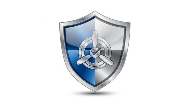 Metallic shield with a propeller emblem, symbolizing protection and security.