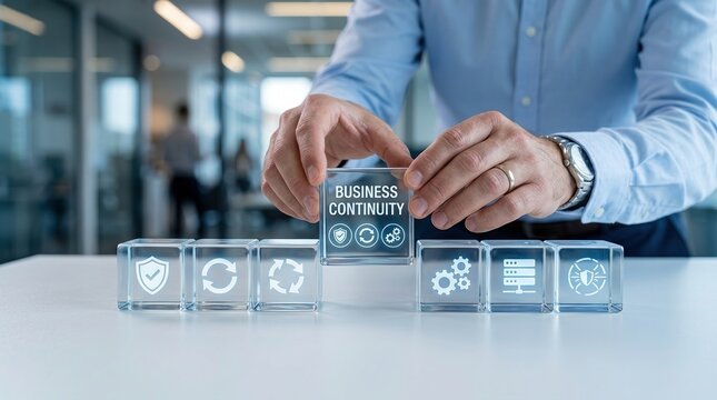 Business continuity, Disaster recovery, Risk management, Data protection, Business resilience, Strategic planning, Cyber security hand placing glass cube in modern office space.