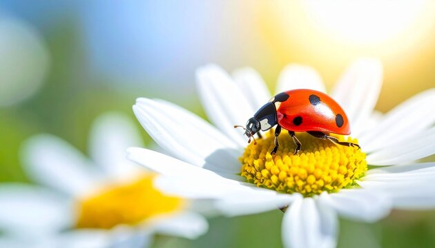 Ladybug on white daisy flower