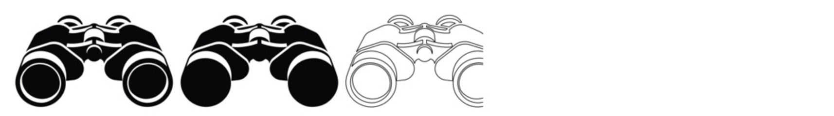 Black and white binoculars vector icon set, three distinct optical instrument illustrations, perfect for exploration, travel, and observation themes © Nasra