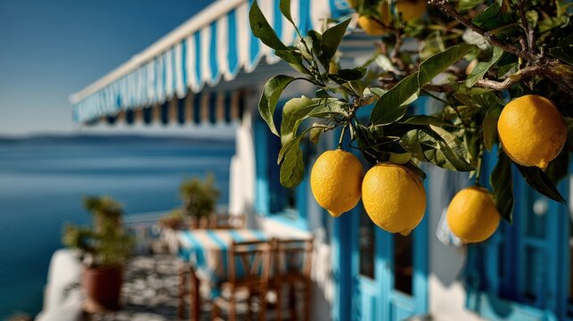 Fresh Lemon tree in Traditional greek Santorini house with bougainvillea flowers,Greece islands blue white traditional cafe restaurant architecture,Santorini blue door window,Mediterranean.