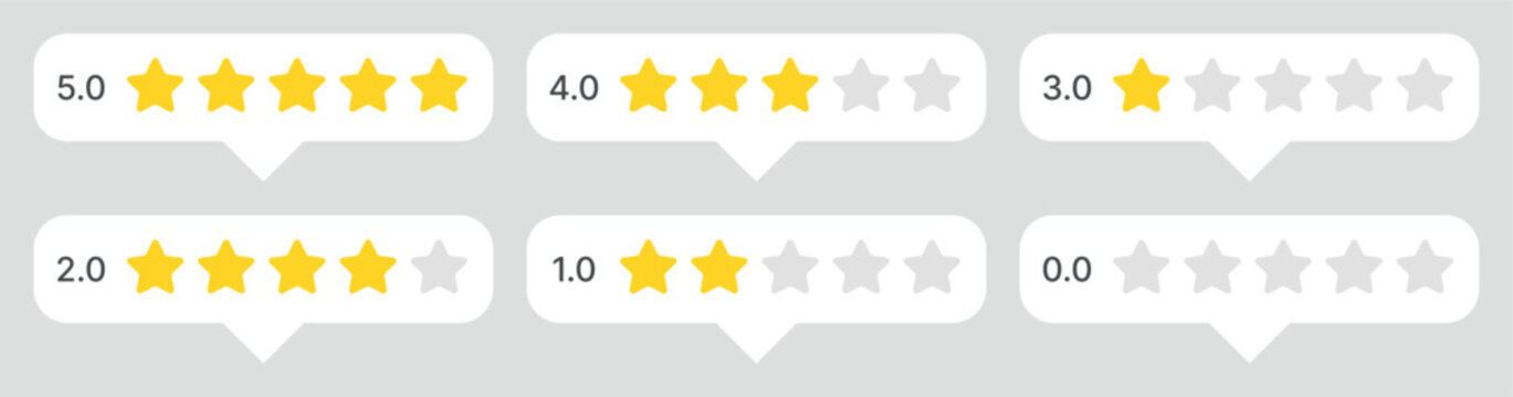Speech bubble style star rating icons set with different scores from zero to five isolated on transparent background, customer feedback chat concept for reviews comments and social media ui elements