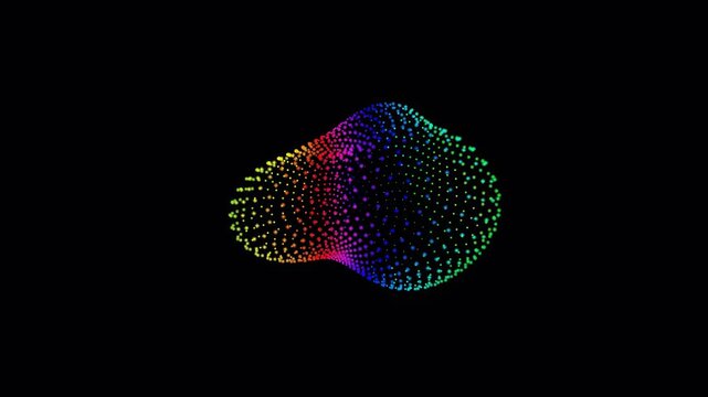 Futuristic morphing animation of a sphere and digital grid made of multicolored neon spectral dots rotating and changing shape on a black background. Data visualization, AI and high technology concept