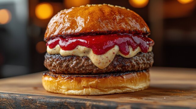 Premium gourmet burger with signature sauce featuring red and white layered condiments drizzled over perfectly grilled beef patty on golden brioche bun showcased on wooden surface