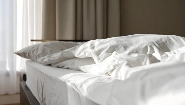 Cama blanca deshecha en dormitorio luminoso con ambiente tranquilo y estilo minimalista