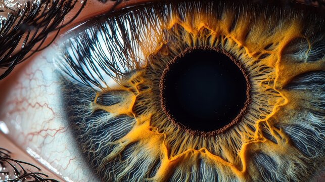 Eye wetness detail ultra macro iris radial patterns golden amber brown variations moisture layer corneal reflections fine eyelash structure