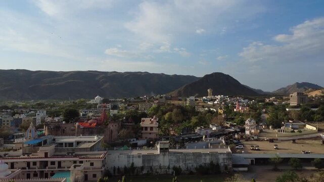 4K - Beautiful morning Droneshot of Pushkar town and lake in Rajasthan which has the only one Brahman Temple in India