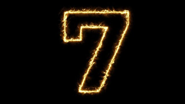 Realistic fire flame animation of the number seven. Glowing hot burning digit 7 outline on isolated black background