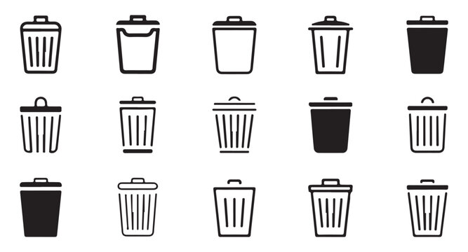 Set of trash can outline and solid icons isolated on transparent background design collection for web and apps.