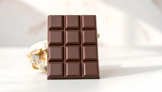 Tableta de chocolate negro con trozo roto sobre fondo claro en composici&oacute;n minimalista