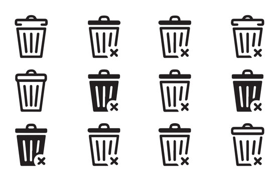 Set of trash can icons with x mark indicating deletion or error status isolated on transparent background.