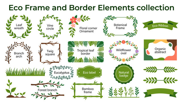 Eco frame and botanical border vector collection with leaf wreaths, floral corners, green banners, organic labels and nature decorative elements.