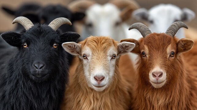 Group of three goats, one black, one brown, and one white, standing closely together with blurred background of additional goats in a farm setting