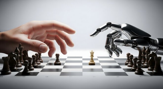 Human hand and robotic arm playing chess on a game board against a white background