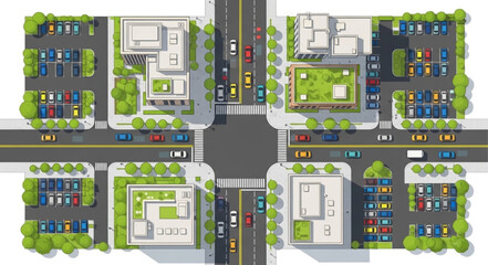 Aerial view of a modern city intersection with buildings and cars. © Ndanu