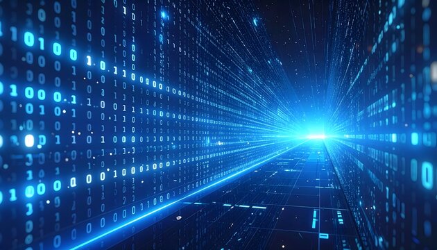 T&uacute;nel digital futurista con datos binarios azules y luz brillante de tecnolog&iacute;a avanzada