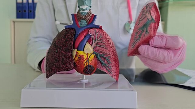 Examining a 3D model of the human lungs and heart in a medical office setting with a doctor presenting it