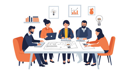 Five diverse professionals collaborate at a conference table, brainstorming creative ideas with diagrams, notebooks, and digital tools. © Ahmad