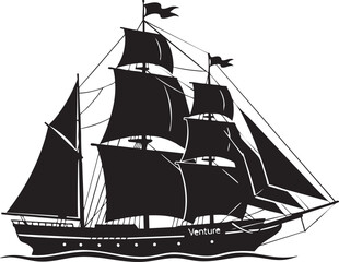 Vintage sailing ship, black silhouette, Venture, sailing vessel, nautical icon © MdMasud