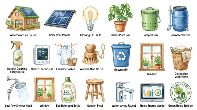 Sustainable home and zero waste living icons with solar panels, compost bin, rain barrel, plants, recycling, reusable bag and eco household items