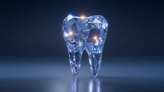A sparkling tooth-shaped diamond reflecting light on a smooth surface against a dark background.
