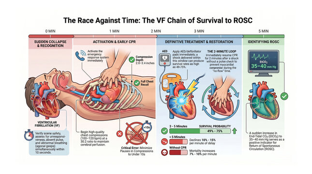 The Race Against Time: VF Chain of Survival to ROSC &mdash; Cardiac Arrest Emergency Response Timeline 