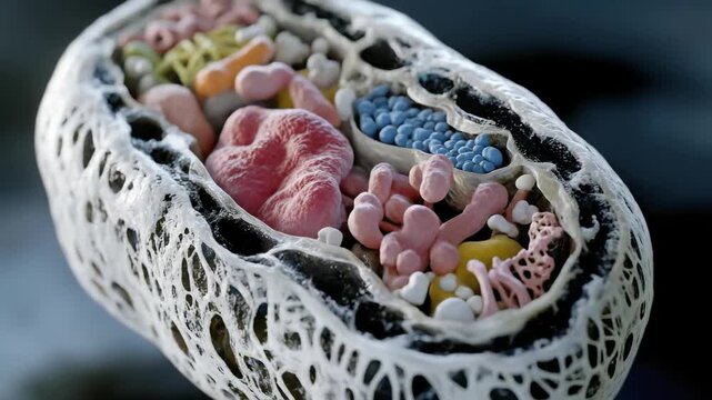 Vibrant microscopic cell structure floating, diverse colorful components showcasing intricate biological details, a complex organic germ magnified for scientific study.