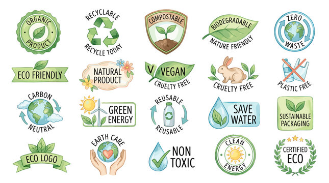 Eco label vector badges collection with recyclable, compostable, organic, vegan, cruelty free, non toxic, green energy and sustainable packaging symbols