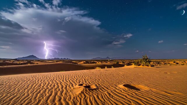 Dramatic Desert Landscape with Lightning Storms and Clear Skies.