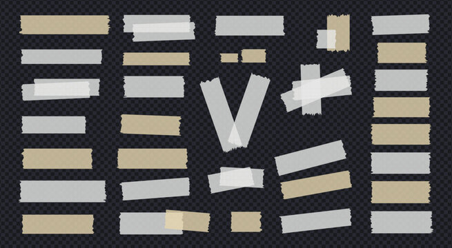 Adhesive tape and washi tape set with torn paper textures. Vector illustration of masking tape strips and sticky patches for scrapbooking and realistic stationary design.