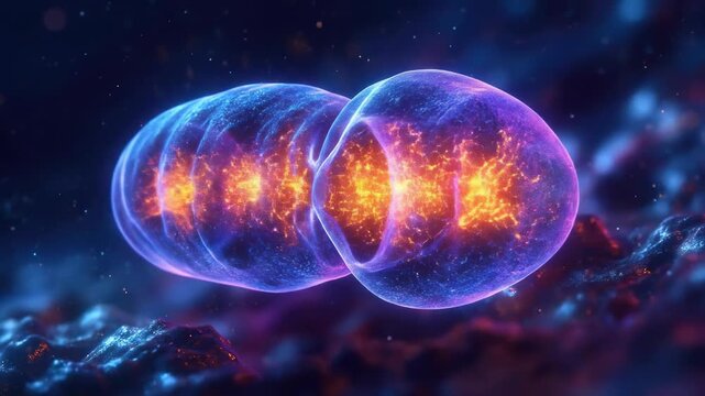 Vibrant glowing microbe organism, pulsating transparent cellular structure emitting fiery energy, floating in a dark deep blue scientific environment.