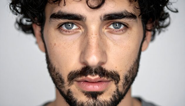 Primer plano de hombre joven con barba, ojos azules y mirada intensa sobre fondo neutro