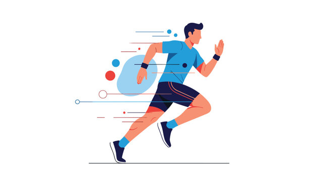 Energetic illustration of a man running fast with motion lines and abstract shapes representing speed and athletic performance in sports.