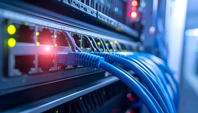 Cables de red conectados a servidor en centro de datos con luces LED y detalle tecnol&oacute;gico