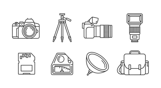 Set of minimalist thin line photography equipment icons