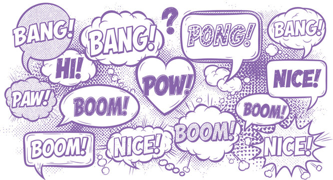 Colorful comic book speech bubbles and sound effects doodle illustration