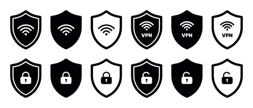 vpn wifi shield icon set secure connection network protection symbols lock privacy internet safety cybersecurity technology icons black white minimal interface ui ux design collection