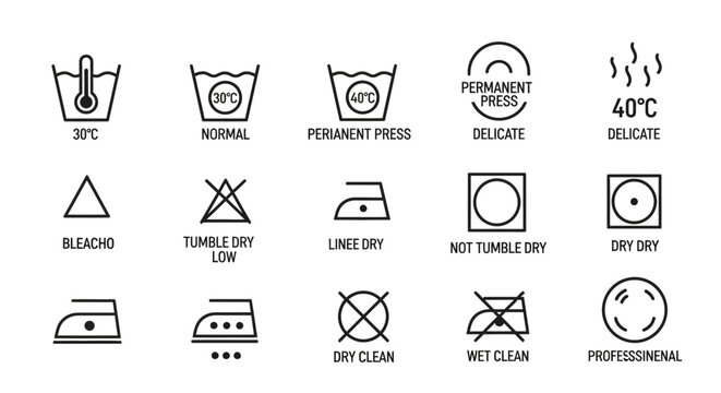 Set of laundry care symbols and washing instructions icons