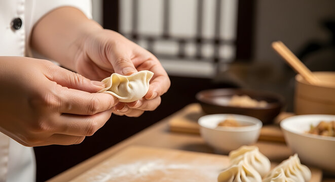 Close up of hands carefully pleating raw dough to create a traditional dumpling in a kitchen