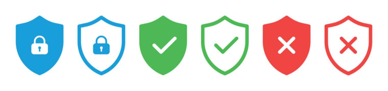 security shield icons colored set lock protection symbols check mark cross safe approval denial cyber defense verification secure badge collection vector ui design flat modern elements pack